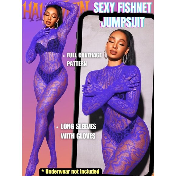 🆕Women Purple Sexy Fishnet Full Mesh Jumpsuit Body Stockings Halloween Costume - Picture 2 of 6